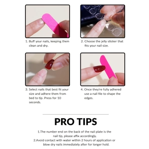 Step-by-step application guide for long press-on nails with file and adhesive tabs