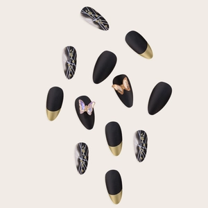 Matte black aurora butterfly press-on nails set with long almond shape and gold trim