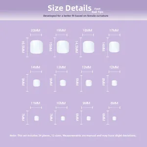Size chart showing width and height for 24 pieces of rose line press-on toenails