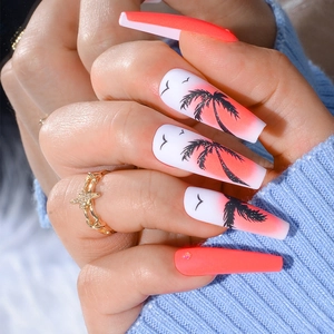 Faux ongles ballerine longs style tropical avec dégradé rose et motif de cocotiers