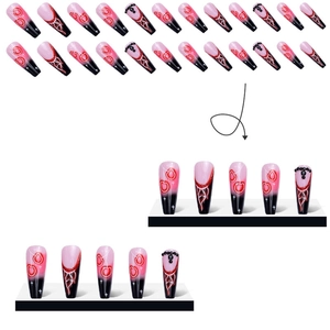 Long coffin false nails set featuring pink-black gradient with cherry and spiderweb design