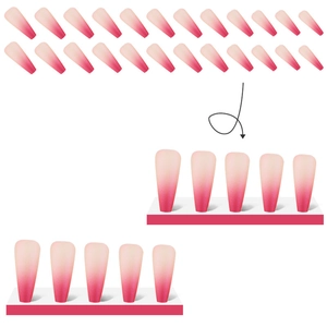Macro detail of 24 pieces long coffin nails with rose red matte gradient finish