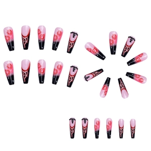 Pink and black gradient coffin nails featuring cherry patterns and black rhinestones