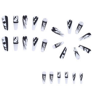 Long ballet style press-on nails set with black ink marble texture and tiny rhinestones
