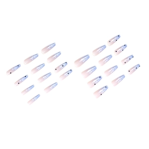 24pcs long coffin press-on nails with lavender gradient, stars and butterfly patterns