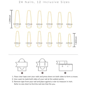 Size chart for matte French press-on nails with 12 sizes and measurement guide