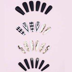 Matte black and rose pattern long coffin press-on nails set with rhinestones