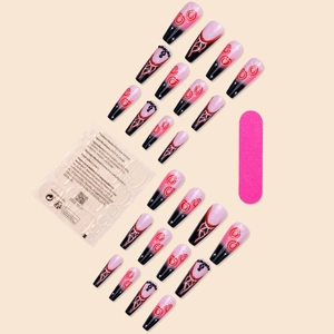 Long red and black gradient coffin fake nails set with heart and cherry patterns