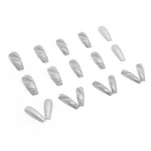 Grey marble and glitter silver long ballerina press-on nails set with glossy finish