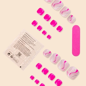 Detailed set of magenta and wavy line press-on toenails with glue and pink file