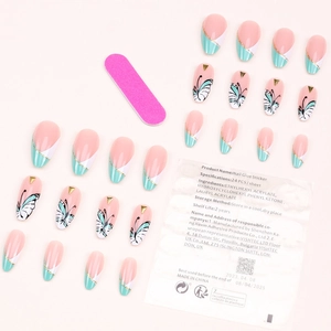 Green and white almond fake nails with butterfly design and French tip nail art kit