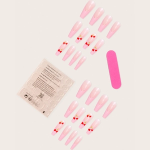 Faux ongles ballerine longs rose French avec motifs de cerises rouges en forme de cœur