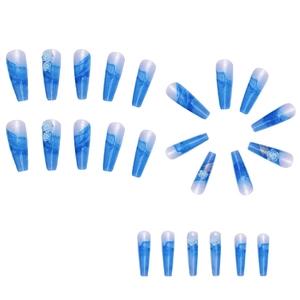 Long ice-blue press-on nails with 3D camellia flowers and gradient watercolor art