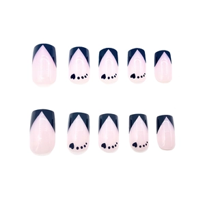 French tip press-on nails in black heart design, medium square shape for women
