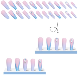 Pink and blue gradient press-on nails with 3D white flowers and sparkling rhinestones