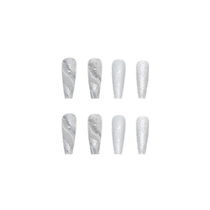 Long coffin press-on nails with grey marble texture and silver glitter finish