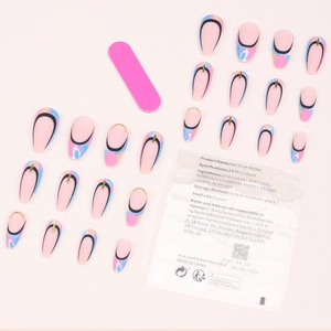 Colorful French almond press-on nails set with geometric patterns and adhesive tabs
