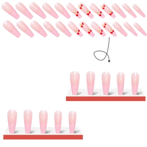 Faux ongles longs coffin rose clair avec pointes françaises et motifs cerises et cœurs