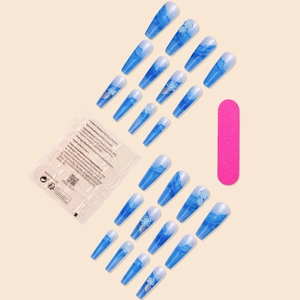 Long trapezoid press-on nails with blue marble gradient and 3D floral designs kit