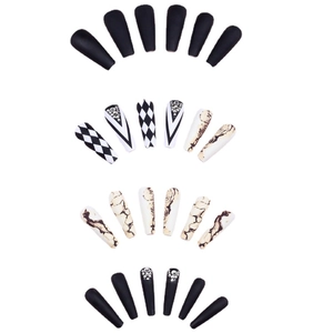 Long ballerina press-on nails set with black matte finish, checkered pattern and floral art