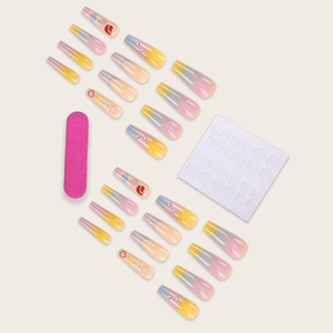 Long coffin press on nails with macaron gradient, heart patterns and rhinestones set