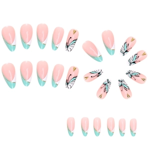 24pcs French almond press-on nails with green and white butterfly designs and gold accents