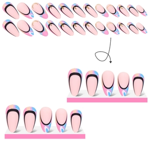 French almond fake nails with colorful abstract art blocks and gold curved lines