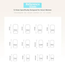 Detailed size guide for 12 pieces of neon watermelon press-on nails with measurements