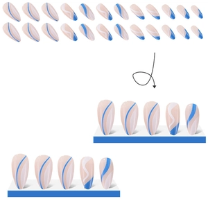 Medium almond press-on nails with minimalist blue and white water wave pattern art