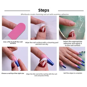 Tutorial showing application of long pink and blue gradient press-on nails with tools