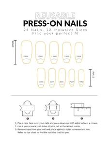 Detailed size chart for long French heart press-on nails showing 24 pieces in 12 sizes