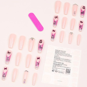 Pink French glitter press-on nails with butterfly patterns and rhinestone accents