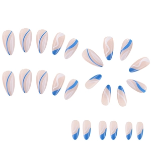 Medium almond press-on nails with blue and white wave patterns and minimalist french lines