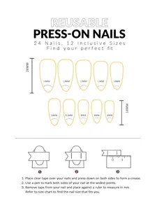 Size guide for French gold line press-on nails featuring 24 pieces in 12 precise widths