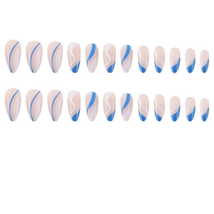 Medium almond press-on nails featuring blue and white water ripple French line patterns