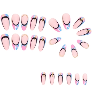 French tip almond press-on nails with colorful geometric patterns and gold accents