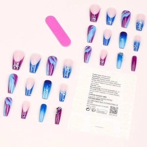 Blue and purple gradient press-on nails set with glitter and rhinestone French accents