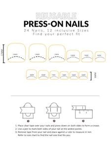 Guide des tailles montrant les dimensions du kit de 24 faux ongles blancs pour pieds