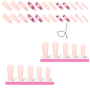 Long coffin fake nails with pink glitter, butterfly patterns, and rhinestones for women