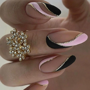 Matte French Press On Nails Gold Glitter Wave Line Almond Medium Length Pink Black Contrast Fake Nails Art For Women