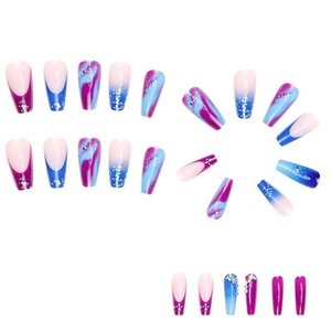 Blue and purple gradient press-on nails set with silver glitter and marble effect