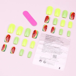 Medium square neon watermelon press-on nail kit with file and adhesive stickers