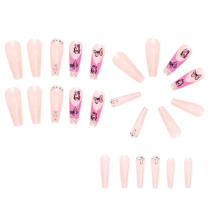 Long coffin fake nails featuring pink glitter, French tips, and butterfly decorations
