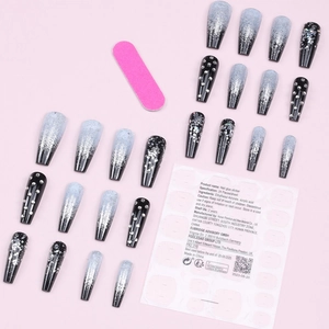 Long coffin black gradient press-on nails with silver glitter and rhinestone accents