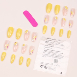 Summer almond press-on nail kit with lemon flower patterns, 24pcs yellow floral fake nails