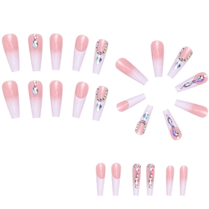 Long ballerina press-on nails with pink French gradient and sparkly rhinestones