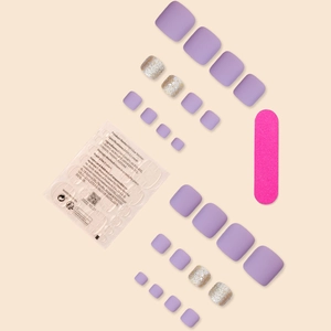 Purple matte glitter press-on toenails kit with professional file and adhesive tabs