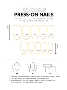 Size guide for reusable press-on nails showing 12 sizes with 3-step measurement tutorial