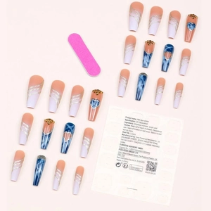 Long blue French heart press-on nails set with glitter lines and marble design