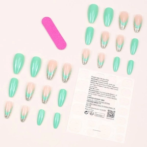 Summer mint green and glitter press-on nail kit with 24 pieces and glue stickers
